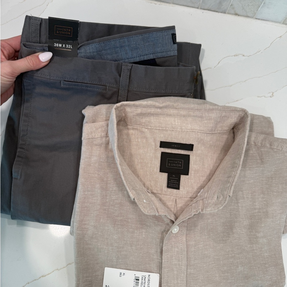 14th & Union Men's Linen Blend Neutral Shirt and Gray Chinos| size XL